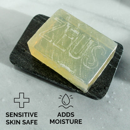 Used zeus bar soap placed on a stone tray, is sensitive skin safe and adds moisture