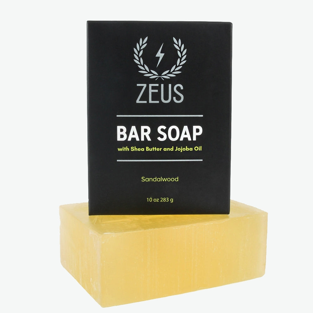 Zeus Bar Soap in Sandalwood with packaging