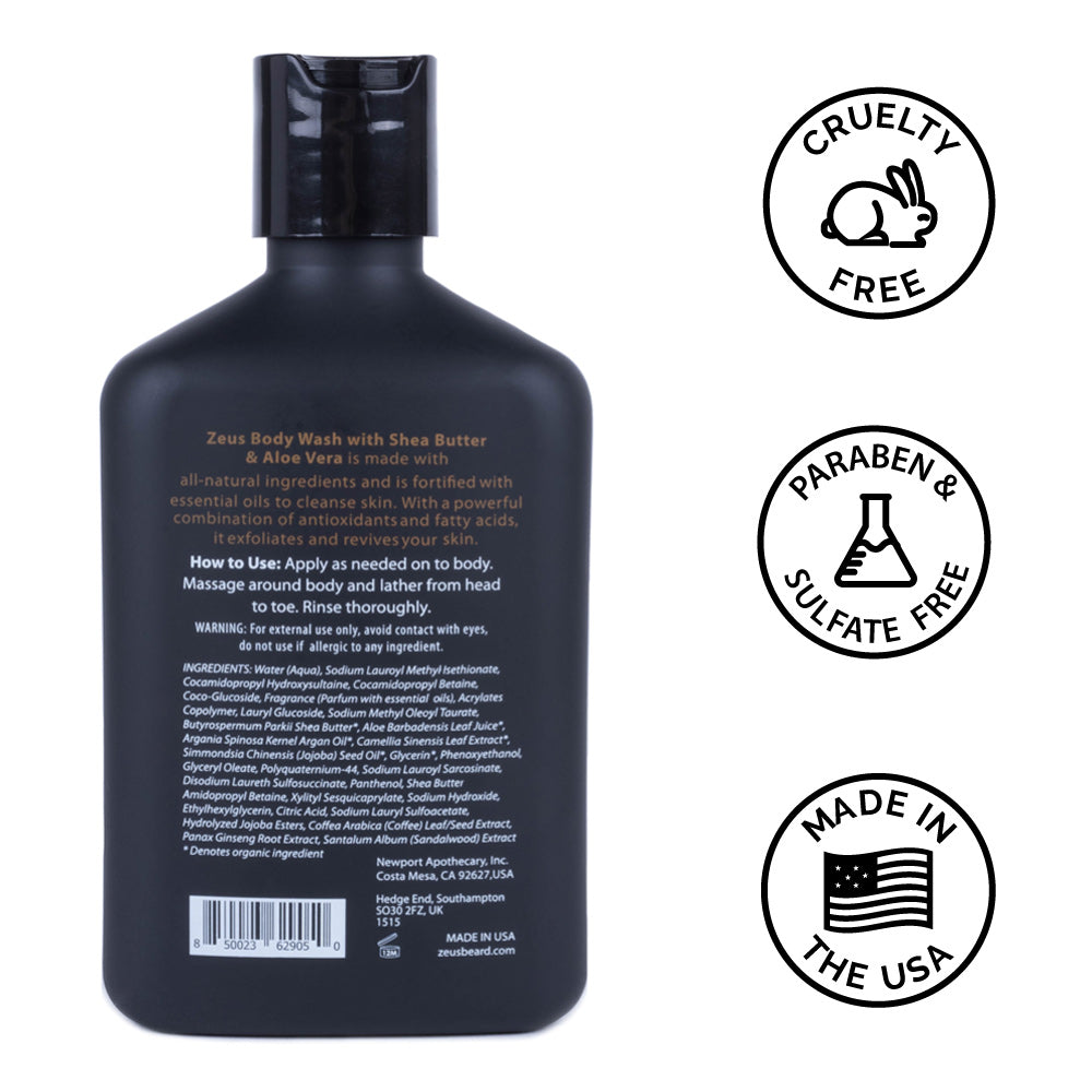 Zeus Body Wash, 12 fl oz, Sandalwood is cruelty free, paraben free, sulfate free, and made in the USA