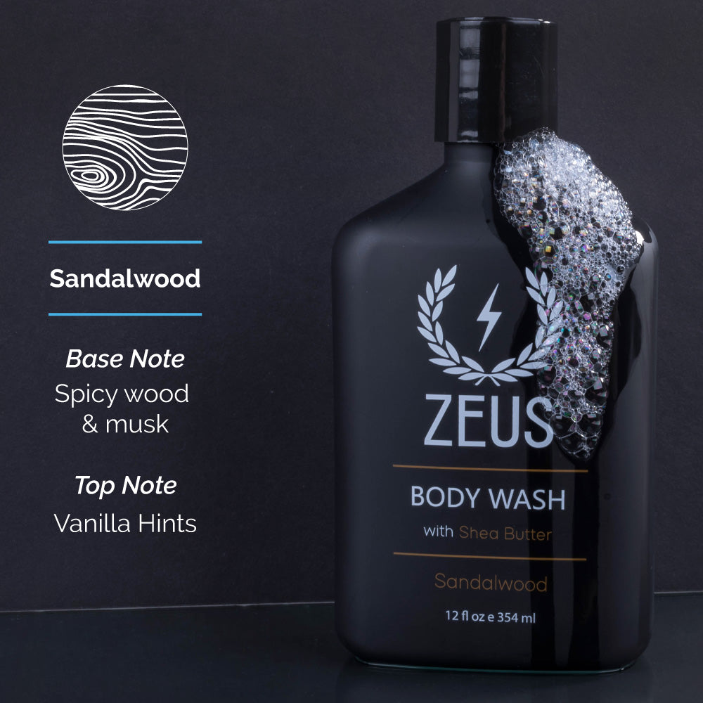 Zeus Body Wash, 12 fl oz, Sandalwood scent has a base note of spicy wood and musk with a top note of vanilla