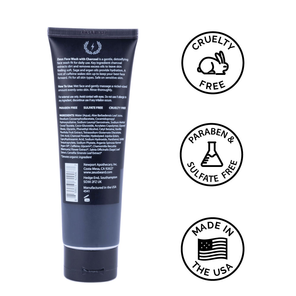 Zeus Charcoal Daily Face Wash is cruelty free, paraben free, sulfate free, made in the USA