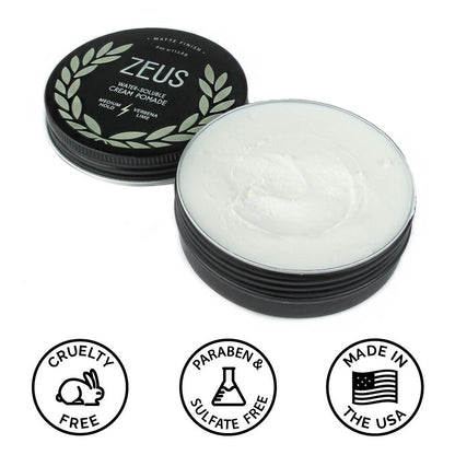 Zeus Cream Pomade is cruelty free, paraben free, sulfate free, and made in the USA