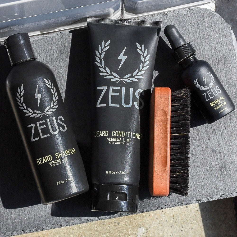 Zeus Deluxe Beard Care Kit on stone display