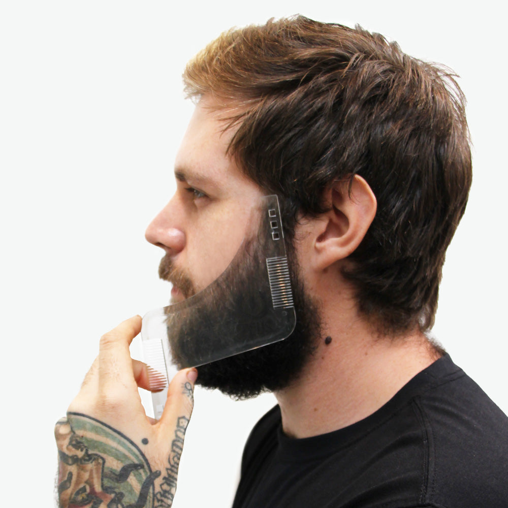 Zeus Edge Up Beard Shaping Template Tool being used to outline beard