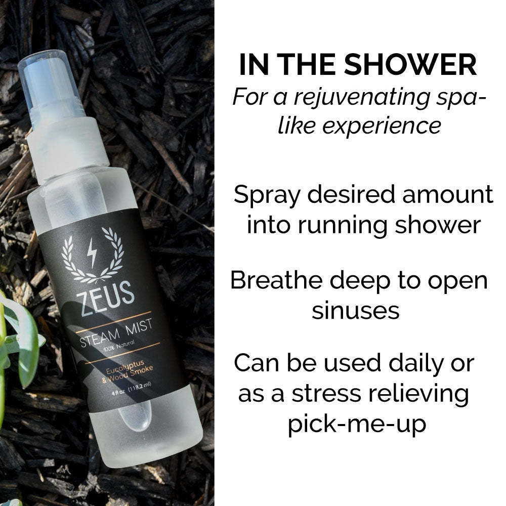 Zeus Eucalyptus & Wood Smoke Steam Mist, 4 fl oz shower instructions