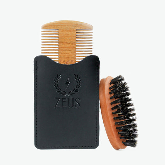 Zeus Firm Pocket Beard Brush and Double Sided Sandalwood Comb Bundle
