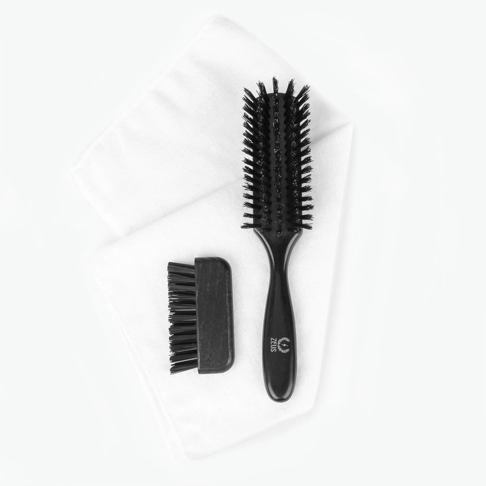 Zeus Hand Drawn Ebony Wood Handle Hair Brush with 100% Boar Bristles and cleaning brush