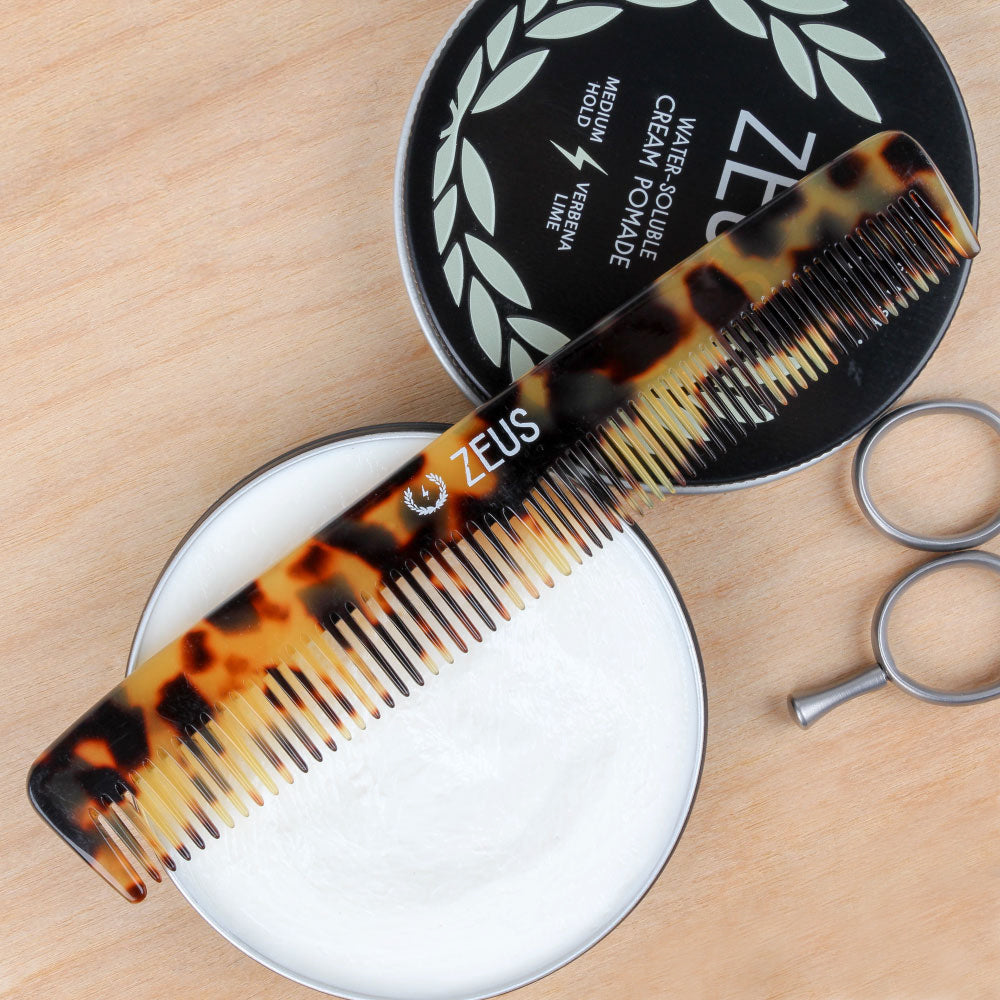 Zeus Handmade Saw-Cut Beard Comb, Tortoiseshell display