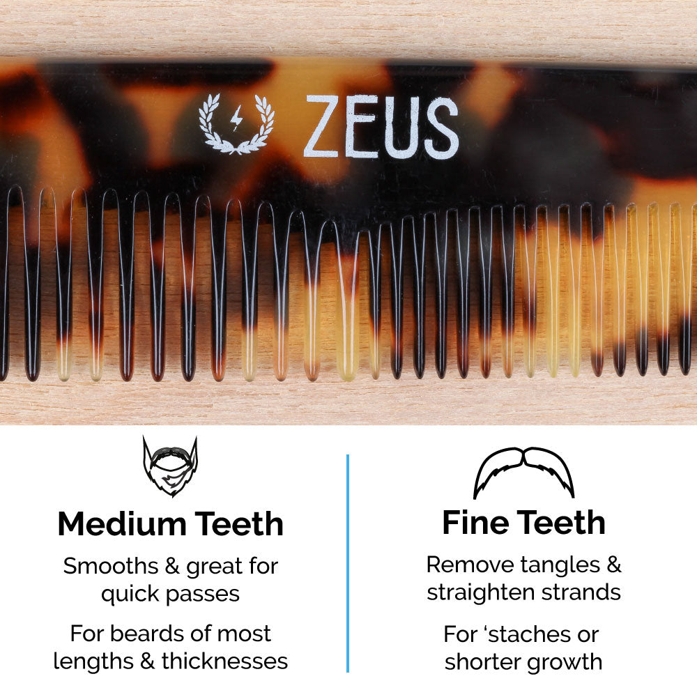 Zeus Handmade Saw-Cut Beard Comb, Tortoiseshell has fine to medium teeth