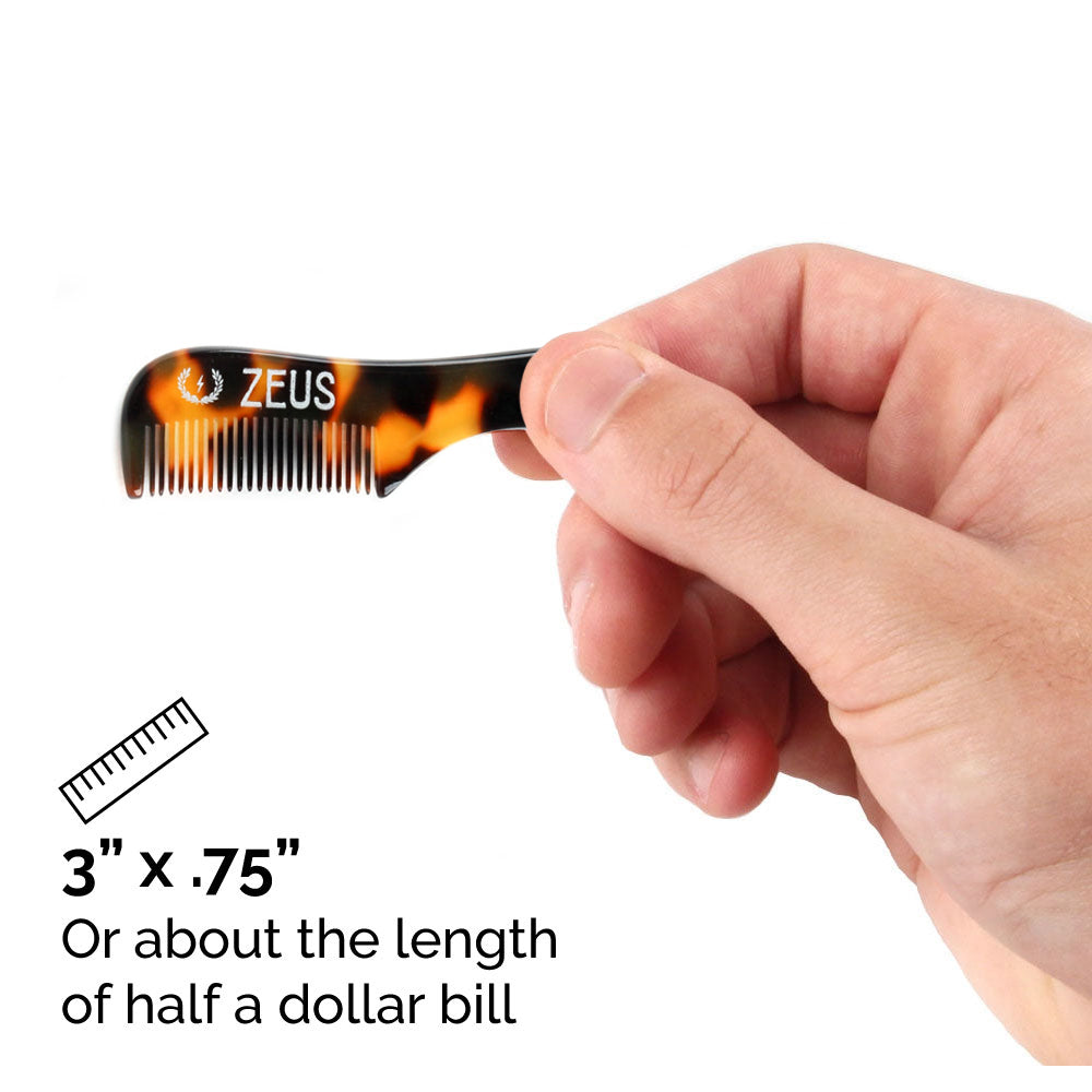 Zeus Handmade Saw-Cut Mustache Comb, Tortoiseshell dimensions are 3 inches by .75 inches