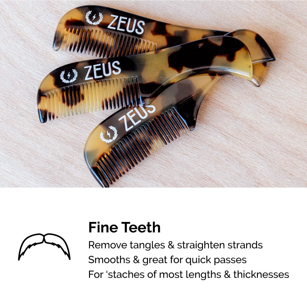 Zeus Handmade Saw-Cut Mustache Comb, Tortoiseshell has fine teeth