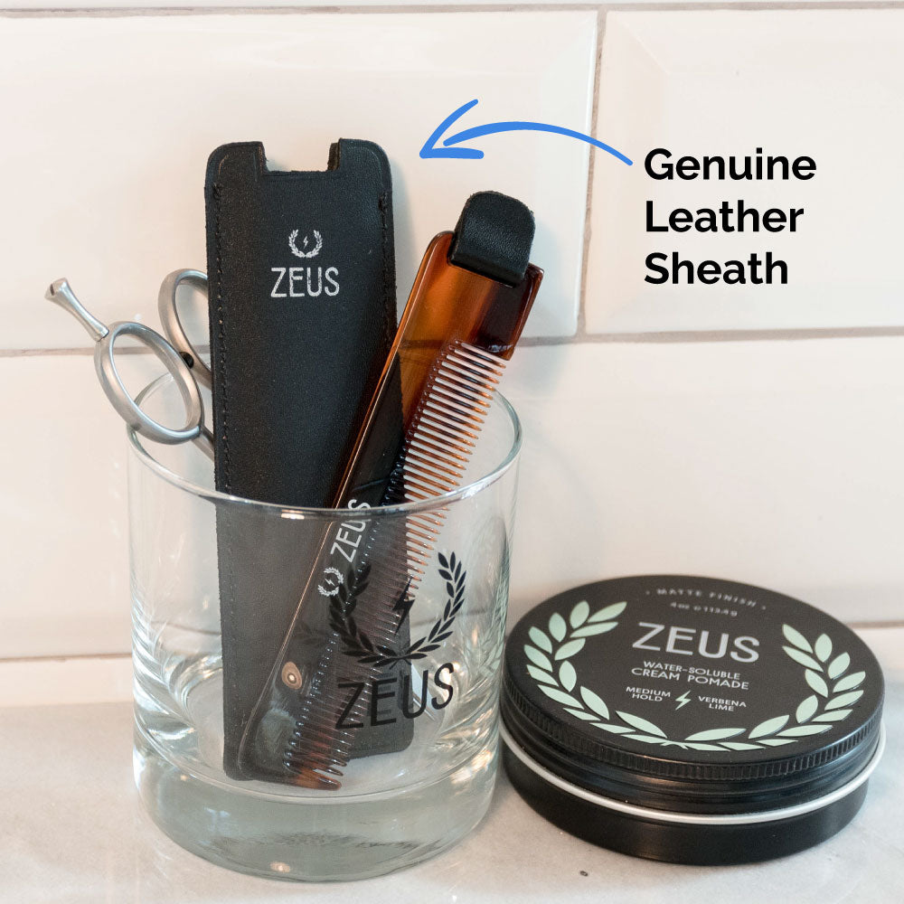 Zeus Handmade Saw-Cut Pocket Beard Comb comes with a genuine leather sheath