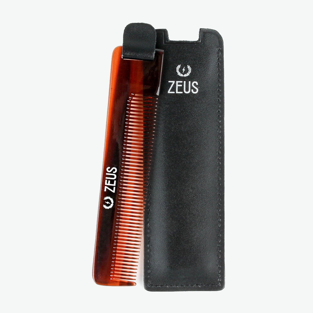 Zeus Handmade Saw-Cut Pocket Beard Comb with Leather Sheath - U11