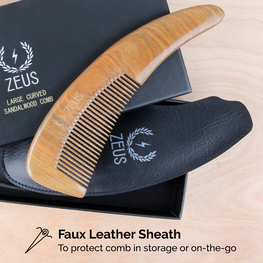 Zeus Large Curved Sandalwood Beard Comb comes with a faux leather sheath