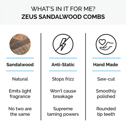 Zeus Large Curved Sandalwood Beard Comb is anti-static, hand made, and made from sandalwood