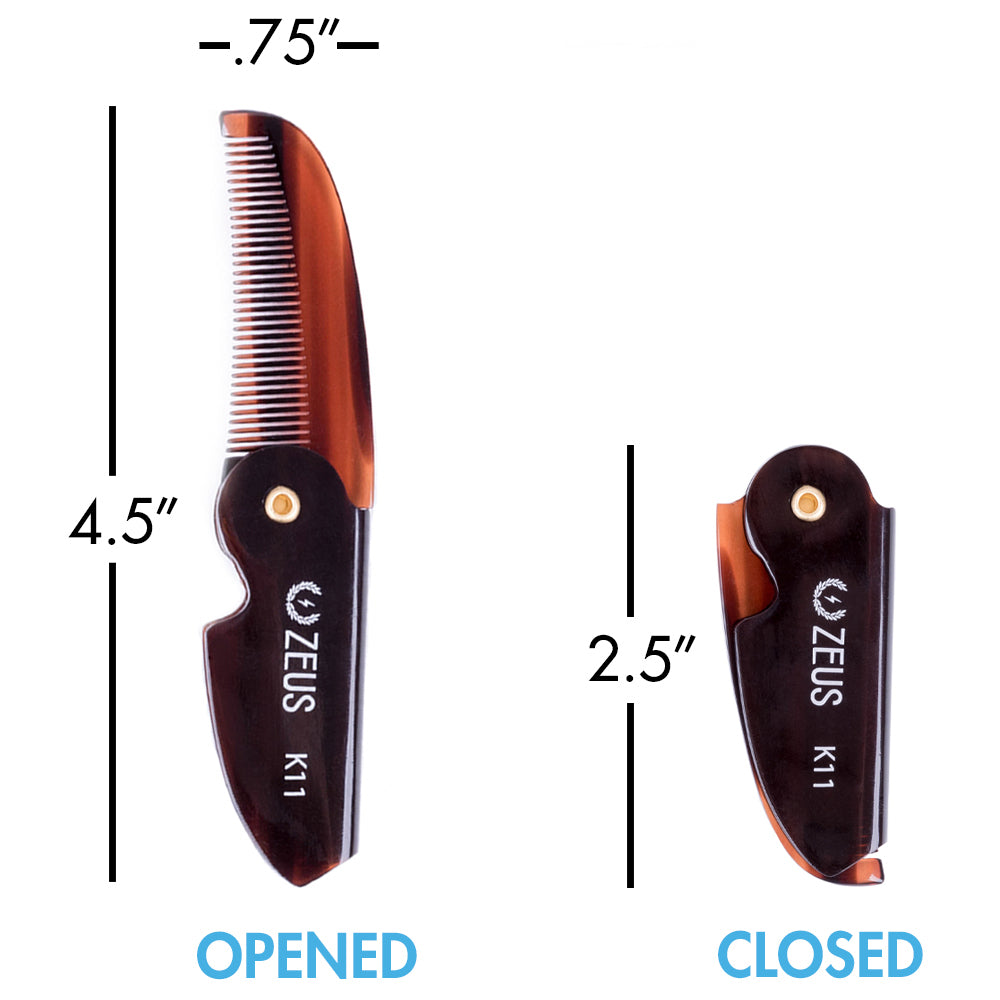  Zeus Folding Mustache Comb, K11, opened dimensions: 4.5 inches by .75 inches, closed dimensions: 2.5 inches by .75 inches