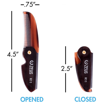  Zeus Folding Mustache Comb, K11, opened dimensions: 4.5 inches by .75 inches, closed dimensions: 2.5 inches by .75 inches