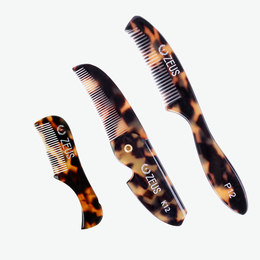 Zeus Mustache Comb Set- Mini, Folding, and Large, Tortoiseshell