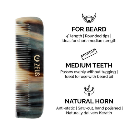 Zeus Natural Horn Comb Grooming Set, Beard and Mustache