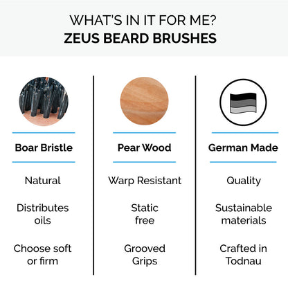 Zeus Palm Beard Brush is made with boar bristles, pear wood, and made in Germany