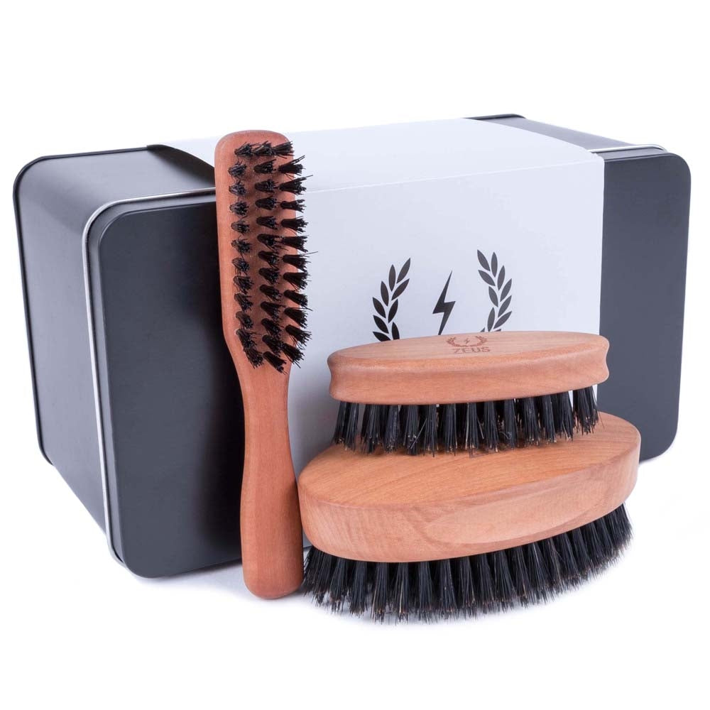 Zeus Pear Wood Beard Brush Set - 100% Boar Bristle - Firm, with metal tin