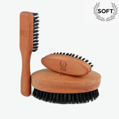 Zeus Pear Wood Beard Brush Set - 100% Boar Bristle - Soft