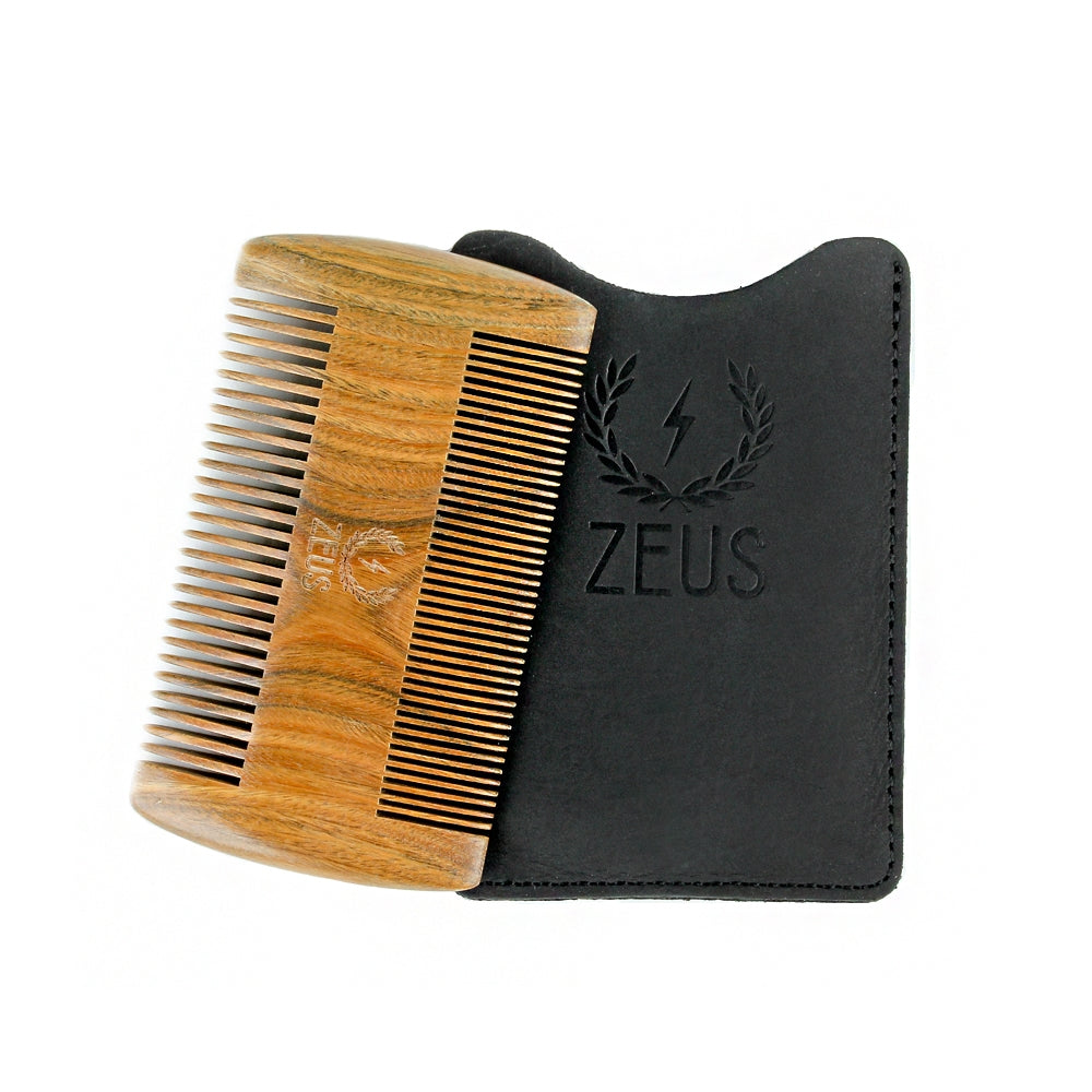 Zeus Organic Sandalwood Double-Sided Beard Comb - R31 comes with a leather sheath