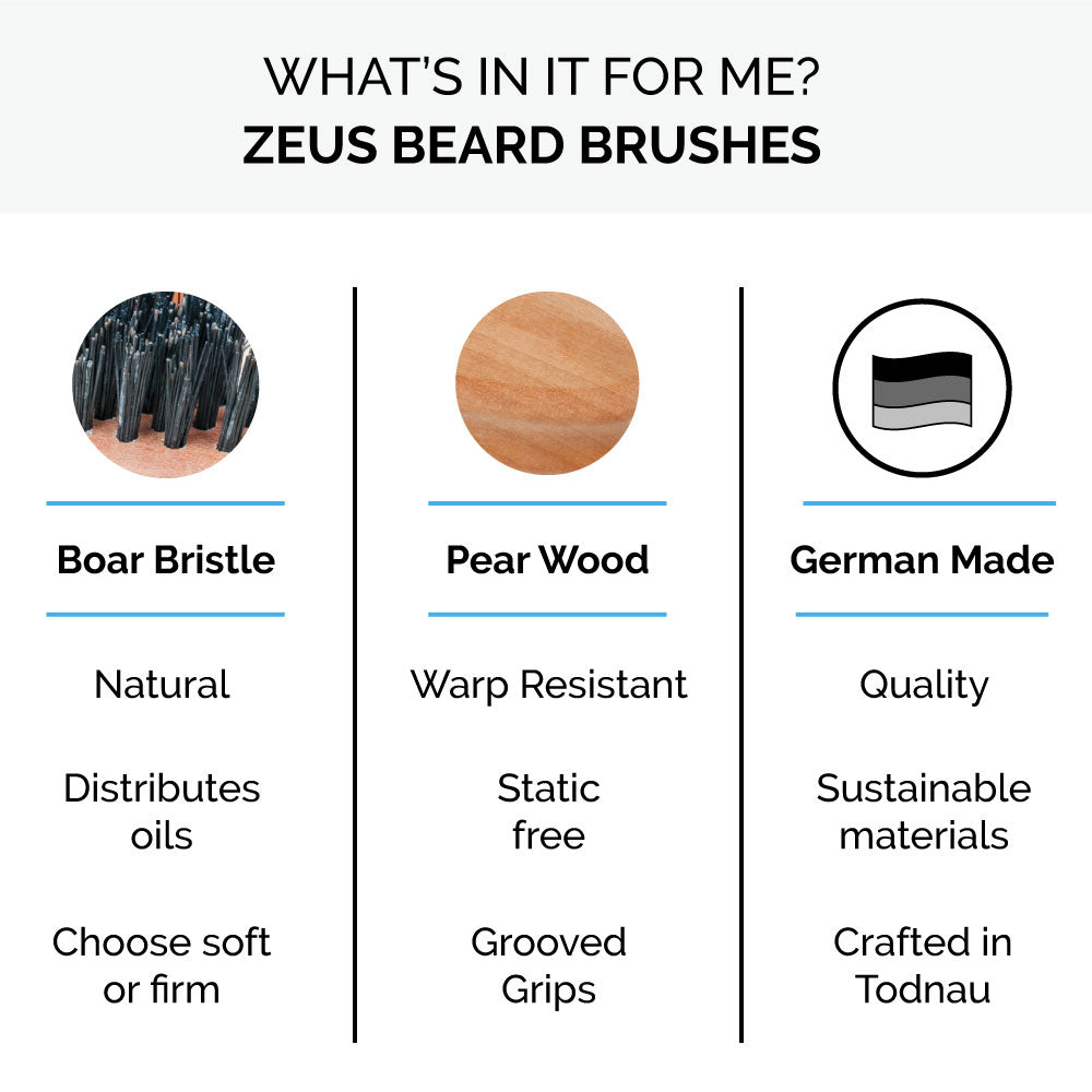 Zeus Pocket Beard Brush, 100% Boar Bristle, Firm - N91 is made with boar bristle, pear wood, and is made in Germany