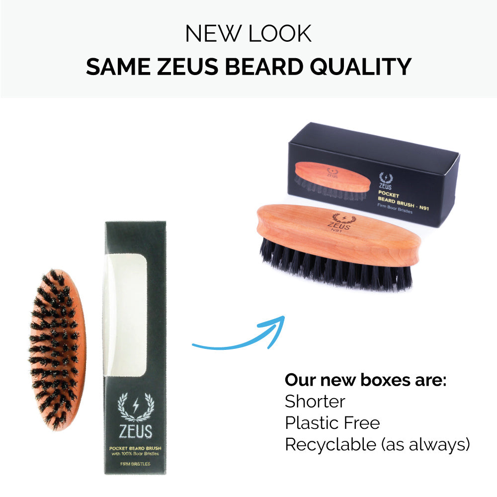 Zeus Pocket Beard Brush, 100% Boar Bristle, Firm - N91 comes in new, plastic free packaging