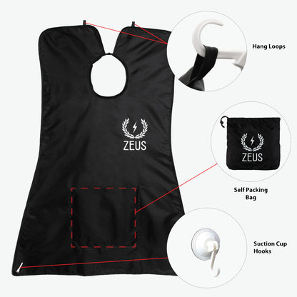 Zeus Beard Apron comes with hang loops, suction cup hooks, and is a self packing bag